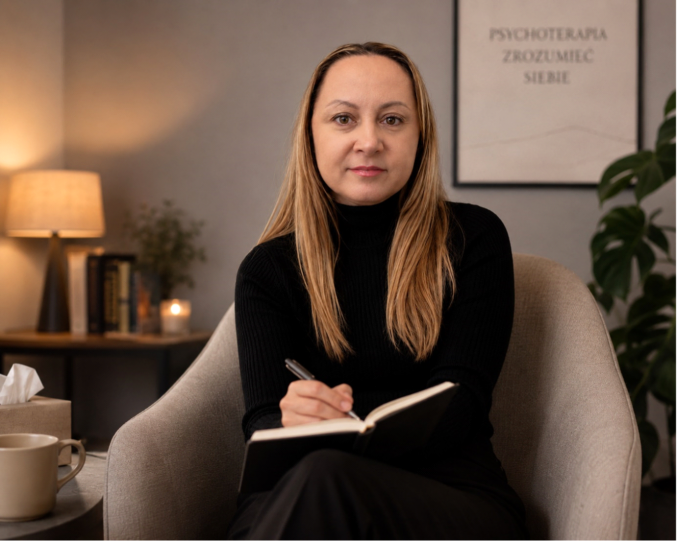 Iwona Sławińska w gabinecie psychoterapeutycznym